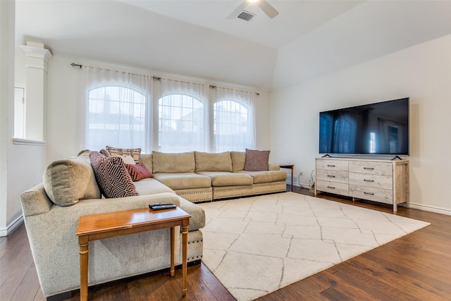 7200 Randall Way, Plano, TX 75025 - living room featuring wood-type flooring, ceiling fan, baseboards, and lofted ceiling
