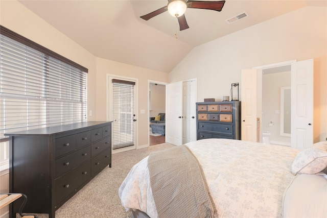 bedroom with lofted ceiling, light colored carpet, access to outside, connected bathroom, and ceiling fan