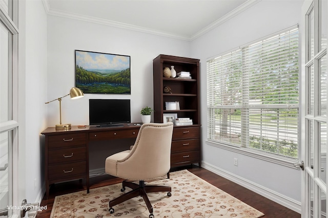 1056 Enchanted Rock Dr, Allen, TX 75013 - office area with dark wood-style flooring, ornamental molding, and baseboards