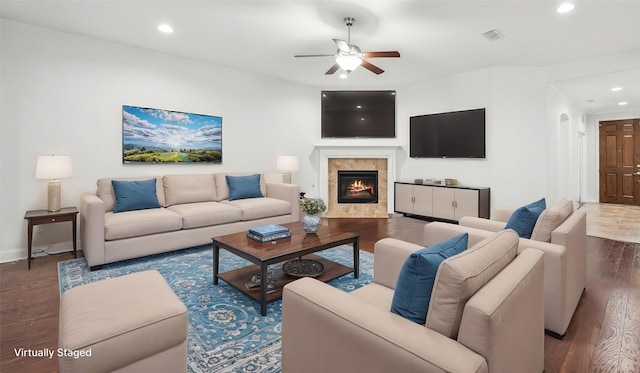 1056 Enchanted Rock Dr, Allen, TX 75013 - living room featuring a ceiling fan, recessed lighting, wood finished floors, baseboards, and a fireplace
