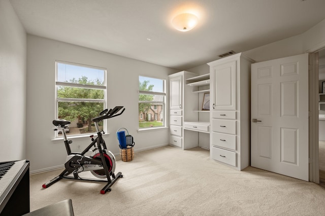 workout room with light colored carpet and baseboards