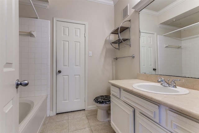 2524 Preston Rd Unit 204, Plano, TX 75093 - bathroom with crown molding, tile patterned floors, toilet, vanity, and tub / shower combination