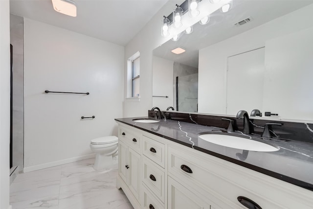 2307 Glen Forest Ln, Plano, TX 75023 - bathroom featuring a shower stall, marble look tile flooring, baseboards, toilet, and double vanity