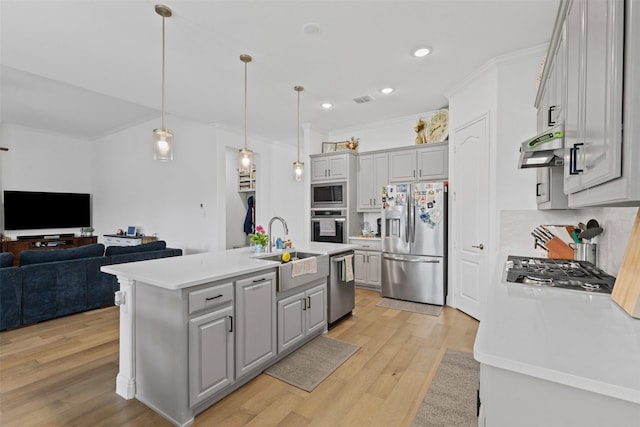 7020 Valley View Dr, Joshua, TX 76058 - kitchen with stainless steel appliances, gray cabinetry, a sink, light countertops, and crown molding