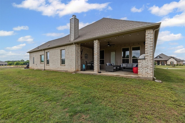7020 Valley View Dr, Joshua, TX 76058 - back of property featuring an outdoor living space, a ceiling fan, a patio area, a chimney, and a lawn