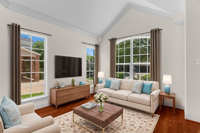 8204 Saint Clair Dr, Mckinney, TX 75071 - living room with vaulted ceiling, plenty of natural light, wood finished floors, and crown molding