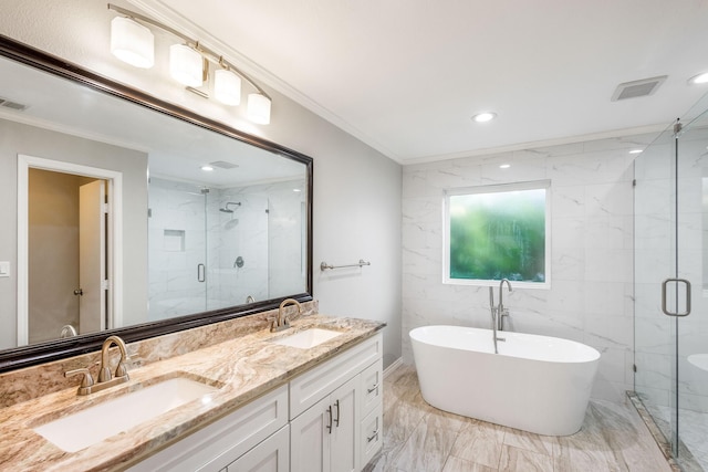 bathroom featuring marble tiled flooring, crown molding, a stall shower, double vanity, and recessed lighting