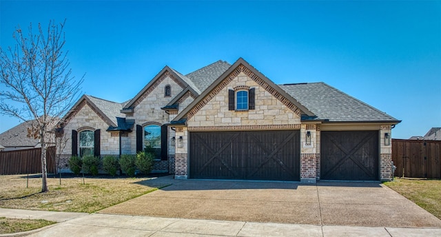 1306 Prato Ave, Mclendon Chisholm, TX 75032 - french country style house featuring a garage, driveway, stone siding, brick siding, and roof with shingles