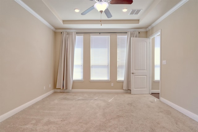 1306 Prato Ave, Mclendon Chisholm, TX 75032 - spare room with a raised ceiling, light colored carpet, a ceiling fan, and crown molding