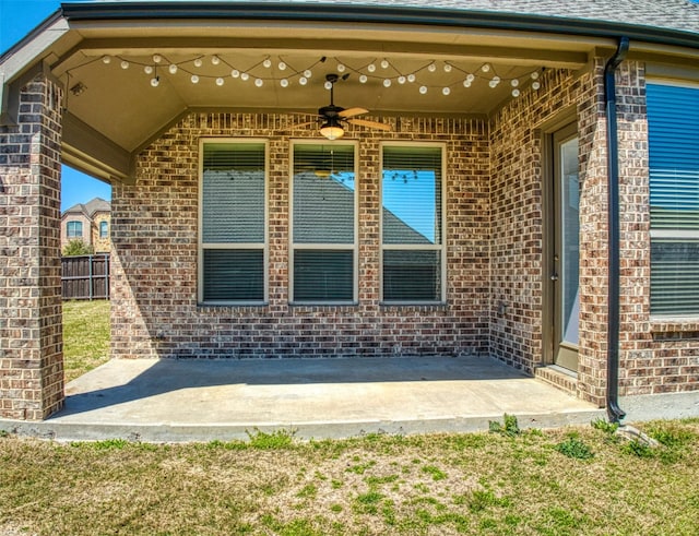 1306 Prato Ave, Mclendon Chisholm, TX 75032 - property entrance featuring a patio, a ceiling fan, and brick siding