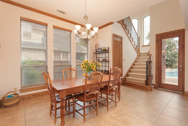 1607 Navarro Ct, Allen, TX 75013 - dining space featuring a chandelier, stairway, light tile patterned floors, ornamental molding, and baseboards