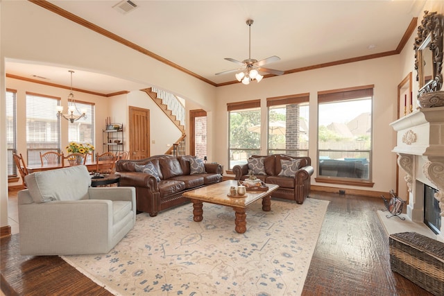 1607 Navarro Ct, Allen, TX 75013 - living area featuring stairway, hardwood / wood-style floors, healthy amount of natural light, a chandelier, and ornamental molding