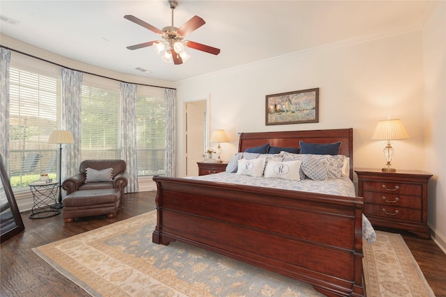 1607 Navarro Ct, Allen, TX 75013 - bedroom with dark wood-style flooring, ornamental molding, and ceiling fan