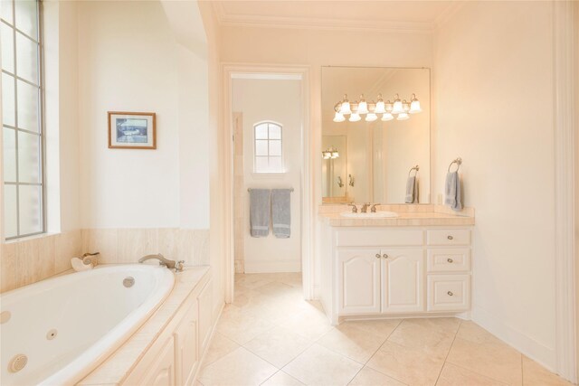 1607 Navarro Ct, Allen, TX 75013 - full bathroom with plenty of natural light, a jetted tub, vanity, crown molding, and tile patterned floors