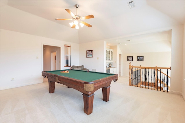 1607 Navarro Ct, Allen, TX 75013 - playroom featuring light carpet, vaulted ceiling, pool table, a ceiling fan, and recessed lighting