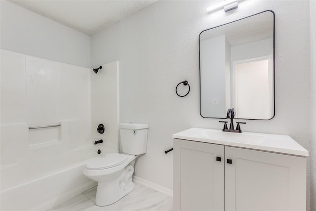 323 Towne House Ln, Richardson, TX 75081 - bathroom featuring toilet, vanity, marble finish floors, baseboards, and shower / tub combination