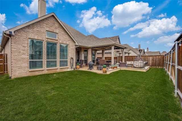 2921 Darcy, The Colony, TX 75056 - back of house with brick siding, a patio area, a fenced backyard, a chimney, and roof with shingles