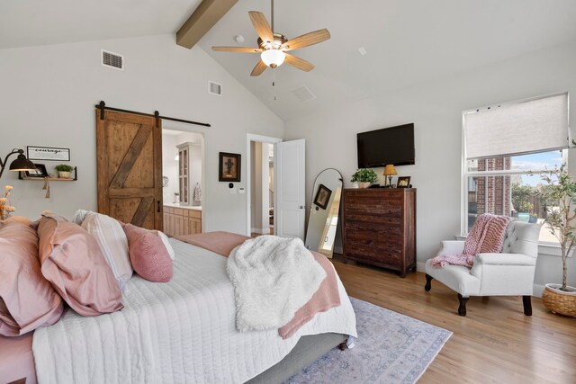 5000 Brush Hill Rd, Carrollton, TX 75010 - bedroom featuring a barn door, beam ceiling, light wood-type flooring, high vaulted ceiling, and ceiling fan