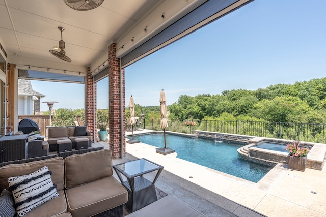 5000 Brush Hill Rd, Carrollton, TX 75010 - view of swimming pool with an outdoor hangout area, a patio area, a fenced backyard, and a pool with connected hot tub