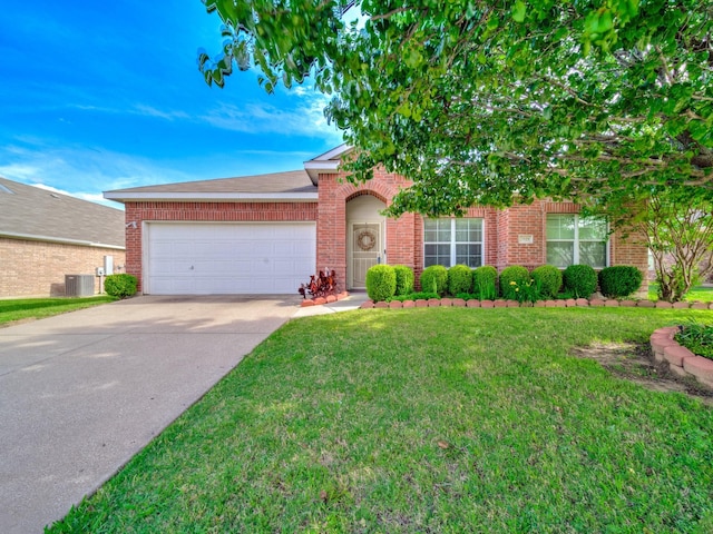 3929 Bonita Springs Dr, Fort Worth, TX 76123 - view of front of house with brick siding, a garage, concrete driveway, a front lawn, and cooling unit