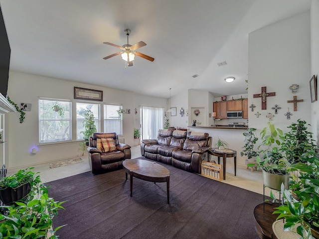 3929 Bonita Springs Dr, Fort Worth, TX 76123 - living room with ceiling fan, lofted ceiling, and healthy amount of natural light