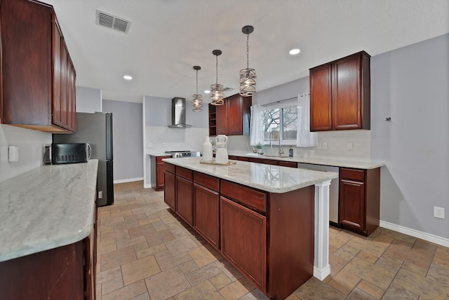 2200 Bantry Ln, Arlington, TX 76002 - kitchen with wall chimney exhaust hood, a sink, stainless steel dishwasher, stone tile flooring, and recessed lighting