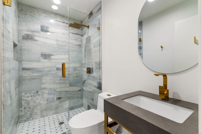 9415 Hill View Dr, Dallas, TX 75231 - bathroom with a marble finish shower, toilet, recessed lighting, and vanity