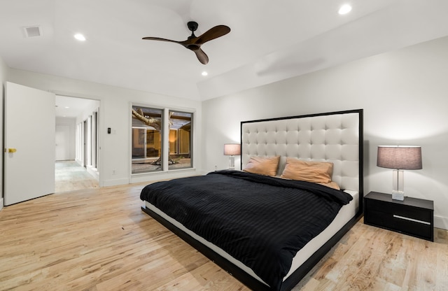 9415 Hill View Dr, Dallas, TX 75231 - bedroom featuring wood finished floors, access to outside, recessed lighting, a ceiling fan, and baseboards