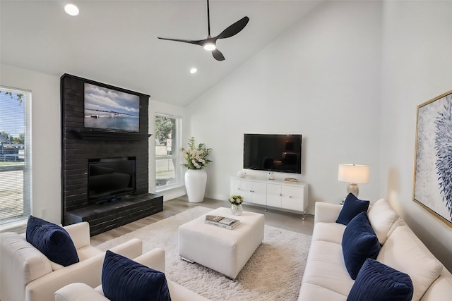 2401 Sherry St Unit A & B, Arlington, TX 76014 - living area featuring a brick fireplace, recessed lighting, high vaulted ceiling, a ceiling fan, and wood finished floors