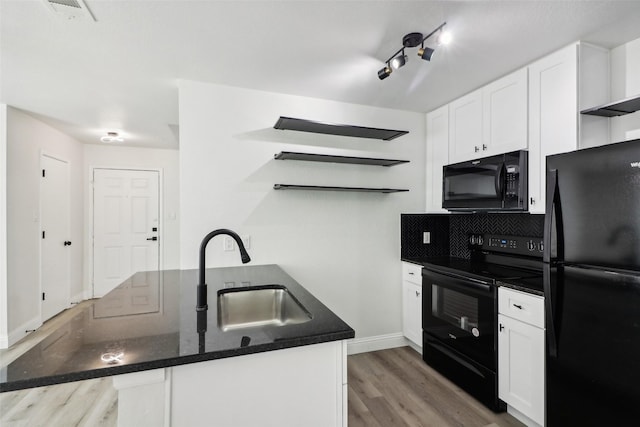 2401 Sherry St Unit A & B, Arlington, TX 76014 - kitchen featuring black appliances, a sink, open shelves, light wood-style floors, and white cabinets