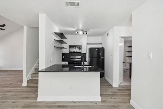 2401 Sherry St Unit A & B, Arlington, TX 76014 - kitchen featuring black appliances, a sink, open shelves, white cabinetry, and light wood-style flooring