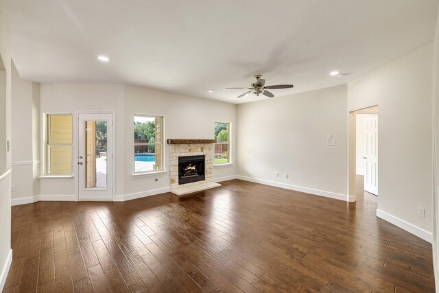 102 Fontana Ct, Allen, TX 75013 - unfurnished living room featuring ceiling fan, dark wood finished floors, recessed lighting, a fireplace, and baseboards