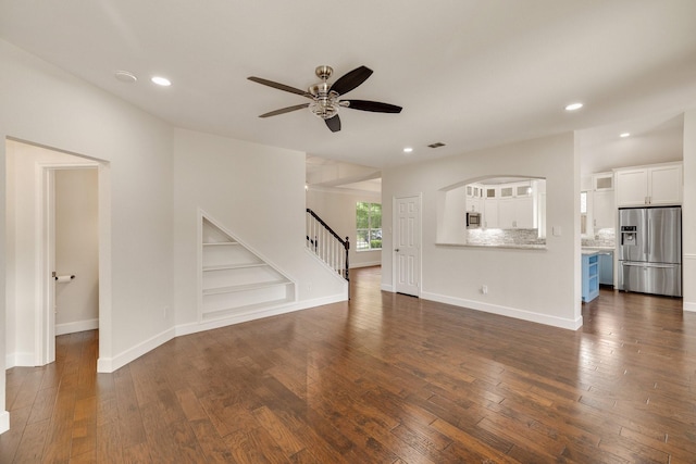 102 Fontana Ct, Allen, TX 75013 - unfurnished living room featuring a ceiling fan, stairway, recessed lighting, dark wood-style floors, and baseboards
