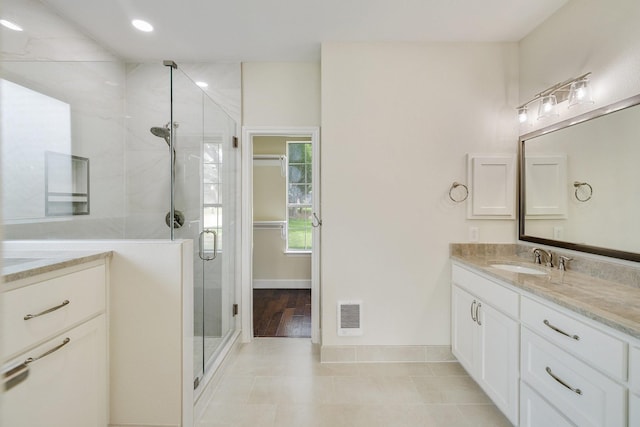 102 Fontana Ct, Allen, TX 75013 - full bath featuring a shower stall, vanity, tile patterned flooring, baseboards, and recessed lighting