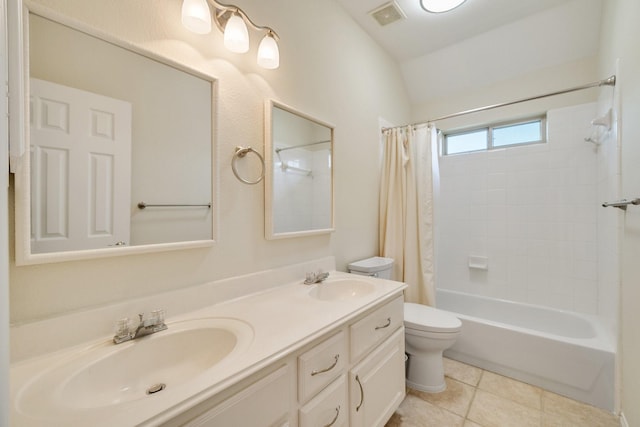 102 Fontana Ct, Allen, TX 75013 - bathroom with toilet, double vanity, shower / bath combo with shower curtain, tile patterned floors, and lofted ceiling