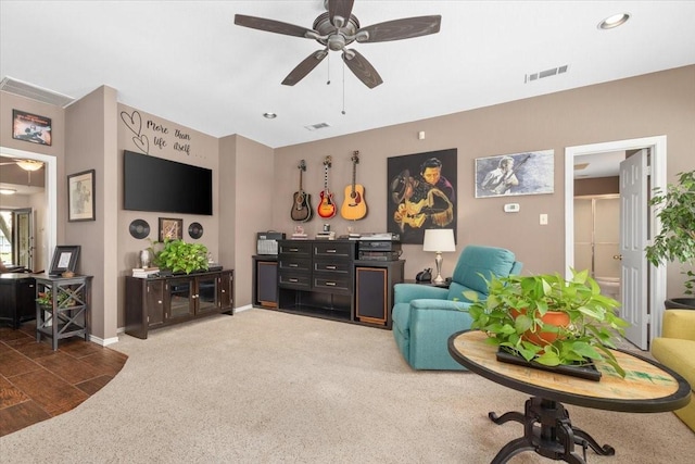 10013 Stoneleigh Dr, Benbrook, TX 76126 - living room featuring a ceiling fan, carpet, baseboards, and recessed lighting