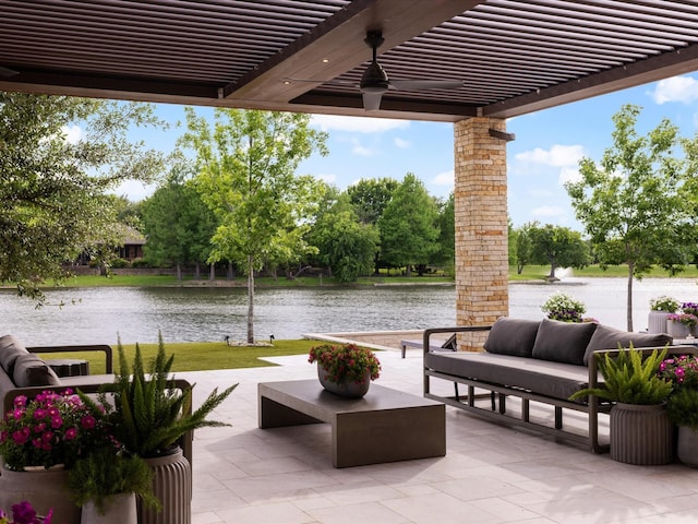 view of patio featuring a pergola, a water view, and an outdoor hangout area