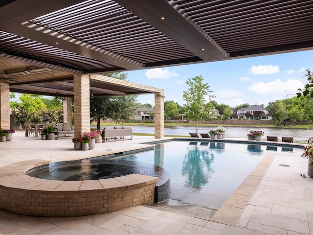 outdoor pool featuring an in-ground hot tub, a patio, and a pergola