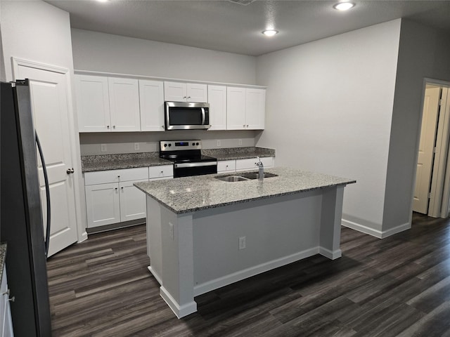 6310 Tropicana Ln, Forney, TX 75126 - kitchen with appliances with stainless steel finishes, a sink, dark wood-style flooring, white cabinets, and light stone countertops