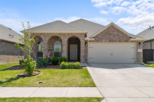 3008 Aransas Ave, Aubrey, TX 76227 - french country home featuring brick siding, an attached garage, a front yard, concrete driveway, and roof with shingles