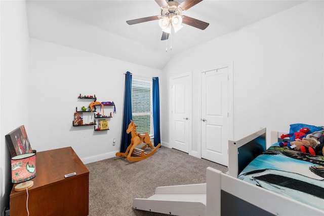 3008 Aransas Ave, Aubrey, TX 76227 - bedroom featuring carpet floors, baseboards, vaulted ceiling, and ceiling fan