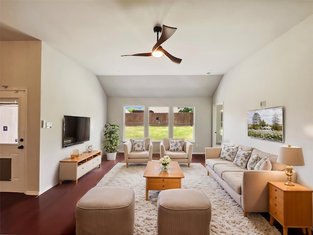 825 Lake Worth Trl, Little Elm, TX 75068 - living area featuring vaulted ceiling, wood finished floors, a ceiling fan, and baseboards