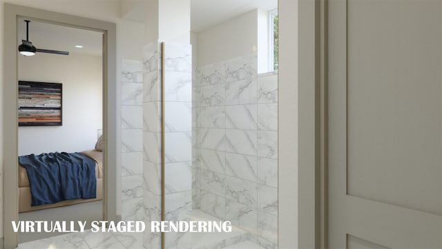 bathroom with connected bathroom and a marble finish shower
