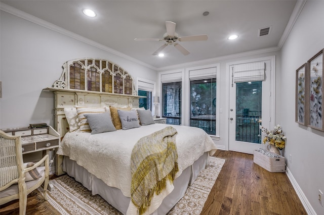 6645 Whispering Woods Ct, Plano, TX 75024 - bedroom with access to outside, wood finished floors, crown molding, recessed lighting, and baseboards