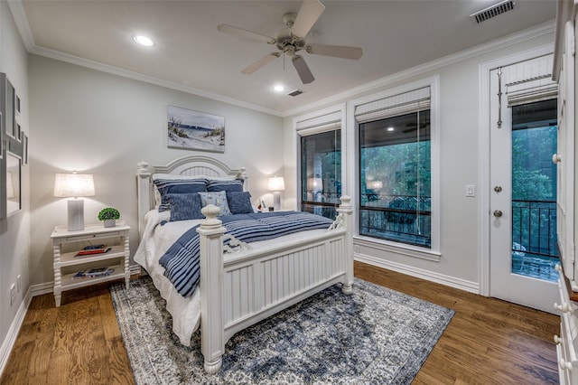 6645 Whispering Woods Ct, Plano, TX 75024 - bedroom featuring wood finished floors, baseboards, access to exterior, ornamental molding, and a ceiling fan