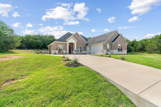 view of front of home featuring brick siding, concrete driveway, and a front yard