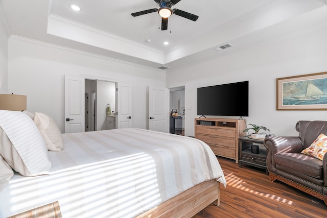 bedroom with a raised ceiling, wood finished floors, ornamental molding, recessed lighting, and ceiling fan