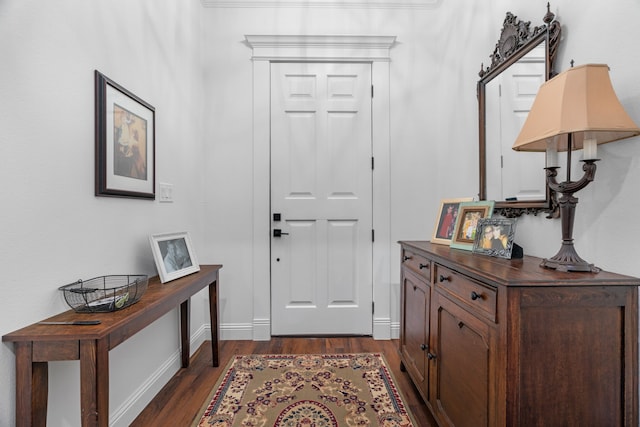 foyer with dark wood-type flooring and baseboards