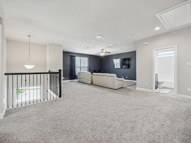 1044 Pitch Pine St, Hickory Creek, TX 75065 - living area with attic access, carpet floors, baseboards, a ceiling fan, and recessed lighting