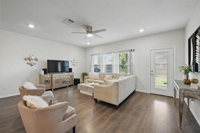 6213 Bracken Dr, Celina, TX 76227 - living room with ceiling fan, dark wood-style floors, recessed lighting, and baseboards